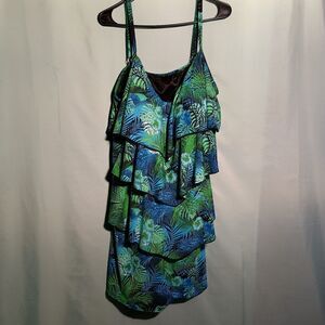 Tropical Tiered One-Piece Swimsuit – Blue & Green Palm Print – Size 26W